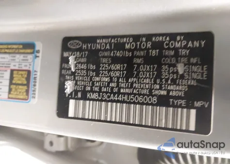 2017 Hyundai Tucson Se Plus z USA, uszkodzony, nr VIN KM8J3CA44HU506008